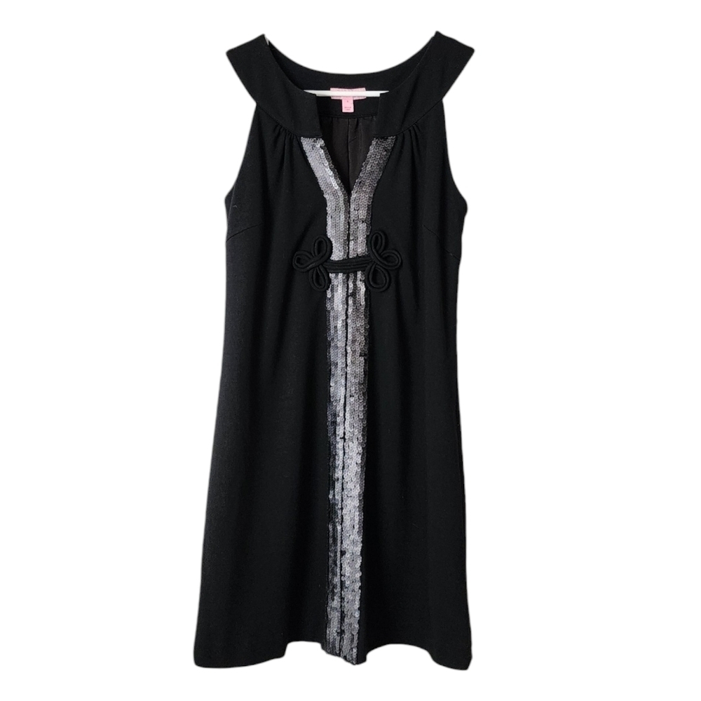 LILLY PULITZER Black Sequin Shift Dress Frog Knot detail size 4‎